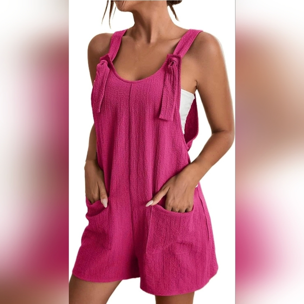 Magenta Textured Tie Strap Pocket Romper Sleeveless